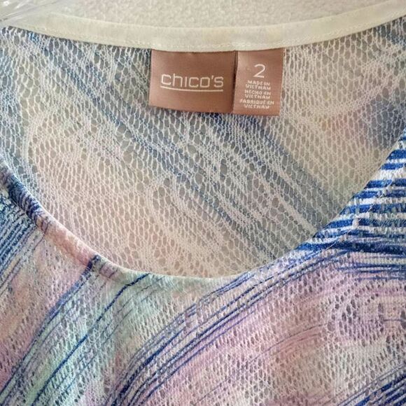 Chico's Open Knit Top Women's Medium Lightweight Medium Blue Pink 3/4 Sleeves - Picture 3 of 8